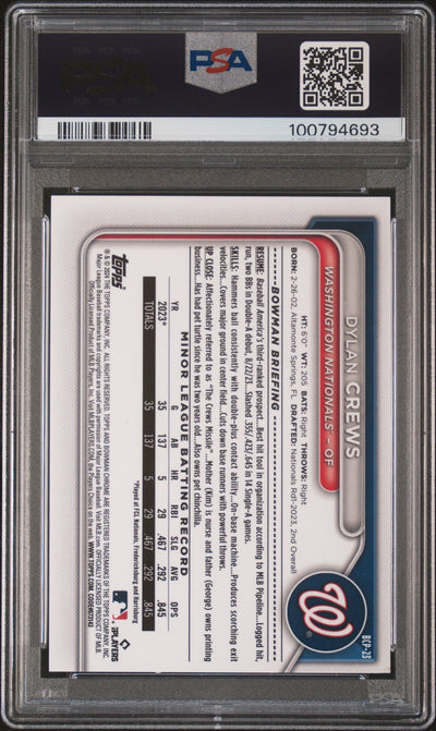 2024 Bowman Sapphire Edition Chrome Prospects Dylan Crews #BCP23 Red 2/5 PSA 8