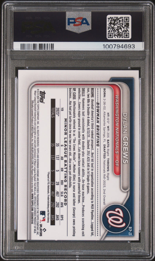 2024 Bowman Sapphire Edition Chrome Prospects Dylan Crews #BCP23 Red 2/5 PSA 8