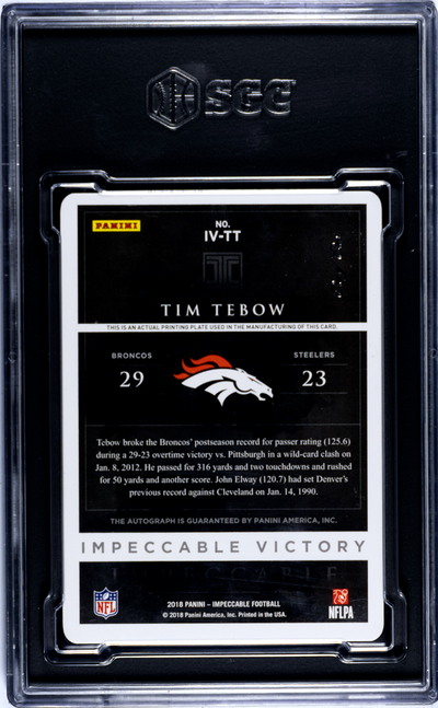 2018 Panini Impeccable Tim Tebow #IV-TT Victory Magenta Plate SGC A Auto 10