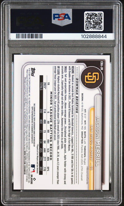 2024 Bowman Chrome  Rookie Auto Jackson Merrill #CRAJM Gold Refractor PSA 10