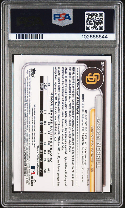2024 Bowman Chrome  Rookie Auto Jackson Merrill #CRAJM Gold Refractor PSA 10