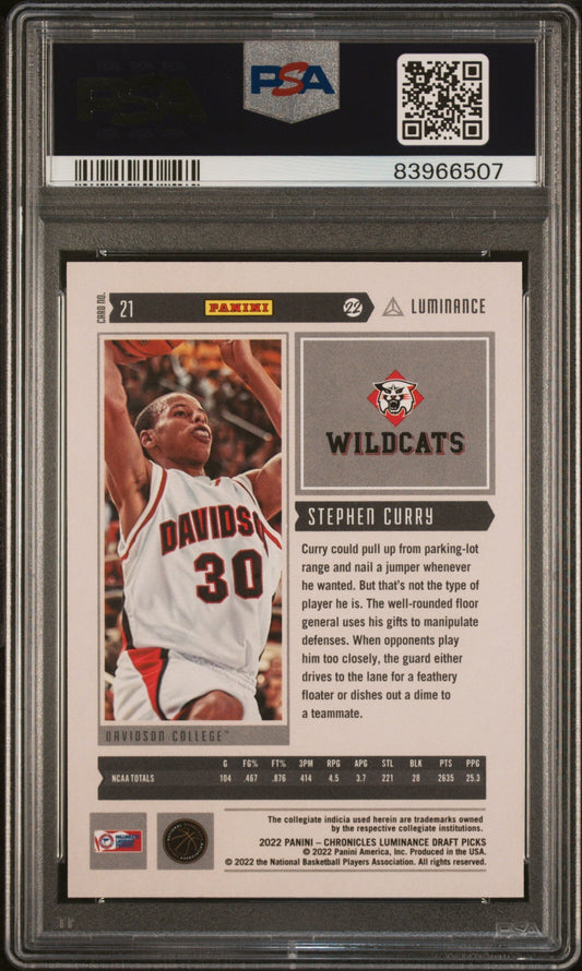 2022 Panini Chronicles Draft Luminance Stephen Curry #21 Plat. 1/1 PSA A Auto 10