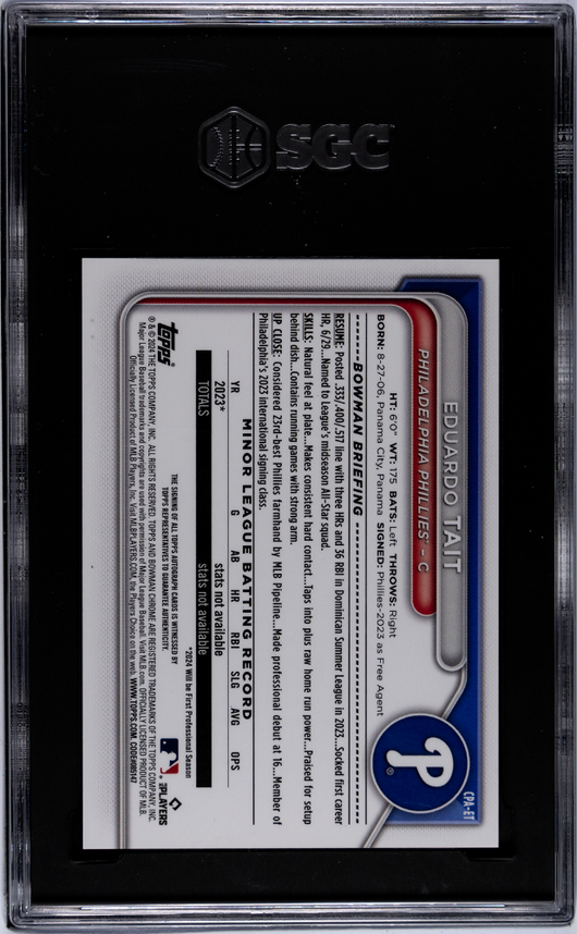 2024 Bowman Chrome Eduardo Tait #CPA-ET  Auto Green . Refractor SGC 9.5 Auto 10