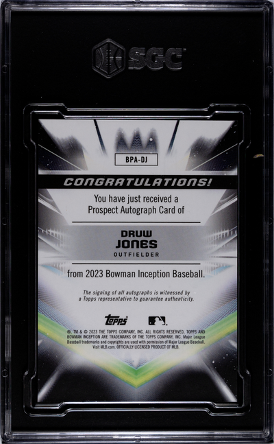 2023 Bowman Inception Druw Jones #BPA-DJ Prospect Orange Foil SGC 10 Auto 10