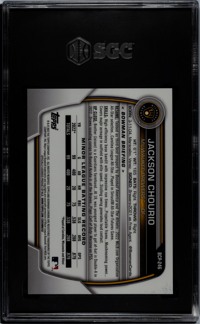 2023 Bowman Sapphire Jackson Chourio #BCP-246 CHR. Pros. Var. Orange SGC 10