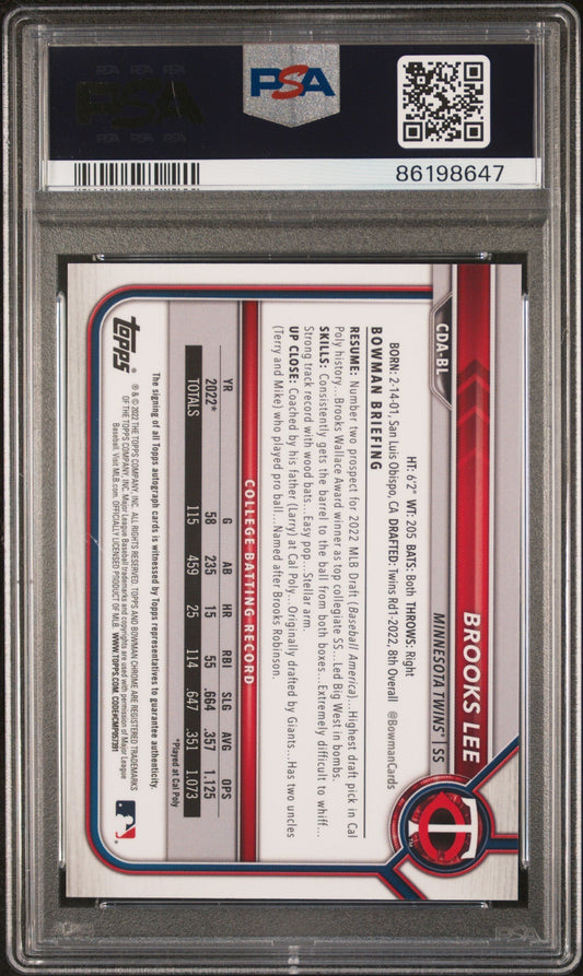 2022 Bowman Draft Chrome  Pick Auto Brooks Lee #CDABL DP Orange Refractor PSA 10