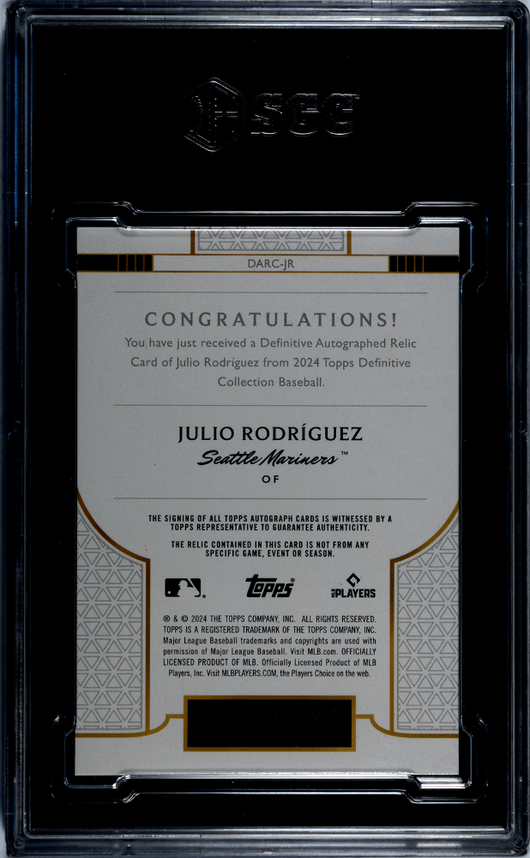 2024 Topps Definitive Julio Rodriguez #DARC-JR Auto Relic SGC 9 Auto 10