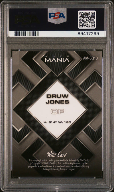 2023 Wild Card Auto Mania Auto Druw Jones #AMSQ13 SQR Red 1/10 PSA 10