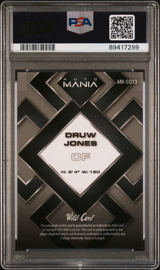 2023 Wild Card Auto Mania Auto Druw Jones #AMSQ13 SQR Red 1/10 PSA 10