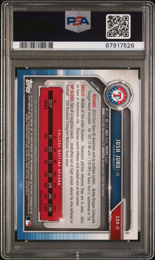 2019 Bowman Draft Chrome Auto Josh Jung #CDAJJ CHR. DP Purple 031/250 PSA 9