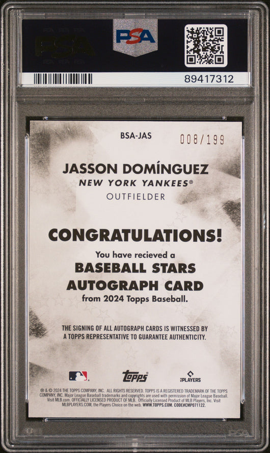 2024 Topps Baseball Stars Autographs Jasson Dominguez #BSAJAS Black PSA 10