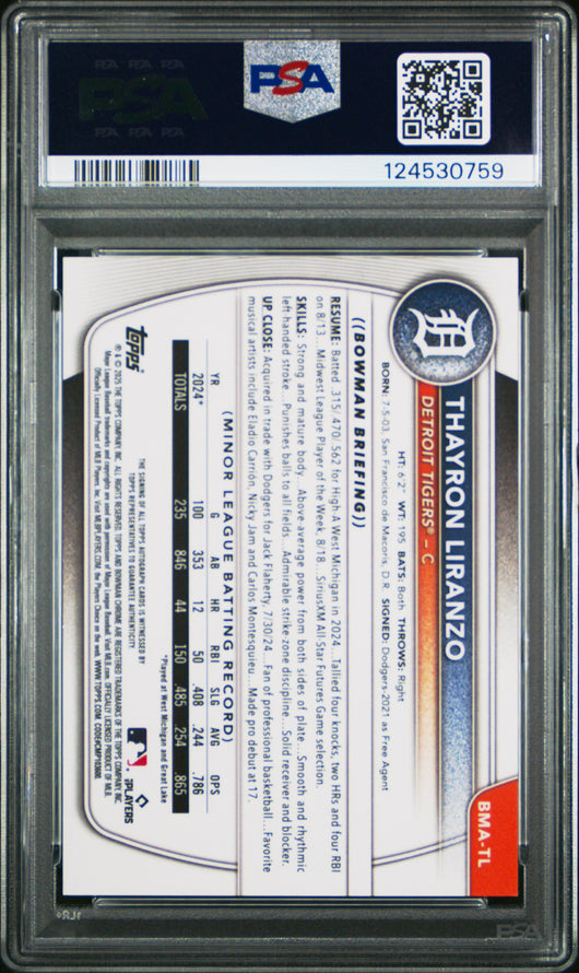 2025 Bowman Mega Bowman Prospect Mega Auto Thayron Liranzo Gold Ref 02/50 PSA 9