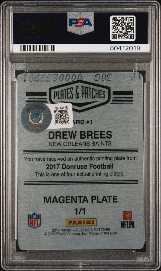 2017 Panini Plates & Patches Printing Plate Drew Brees  Mag. PP 1/1 PSA A Auto 8