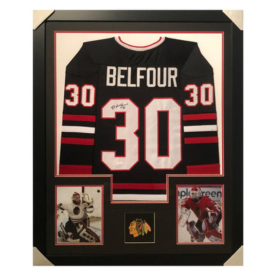 Ed Belfour Signed Chicago Framed Vertical Layout Pro Edition Black Jersey (JSA)