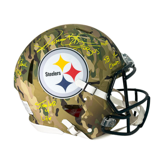 Jerome Bettis Signed Multi Inscription Pittsburgh Steelers Camo Authentic Speed Full-Size Football Helmet (Beckett)