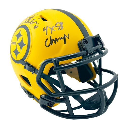 Rocky Bleier Signed 4x SB Champs Inscription Pittsburgh Steelers Rave Mini Football Helmet (Beckett)