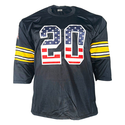 Rocky Bleier Signed 4x SB Champs Inscription Pittsburgh American Flag Football Jersey (Beckett)