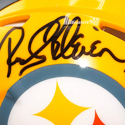 Rocky Bleier Signed 4x SB Champs Inscription Pittsburgh Steelers Throwback Gold Speed Mini Football Helmet (Beckett)
