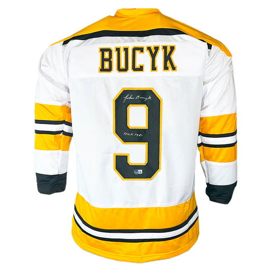John Bucyk Signed HOF 1981 Inscription Boston White Hockey Jersey (Beckett)