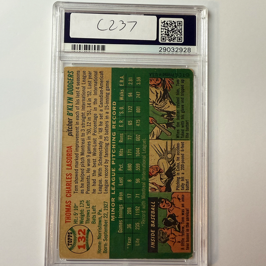 Tommy Lasorda Signed 1954 Topps Rookie #132 HOF 97 PSA 10 Auto