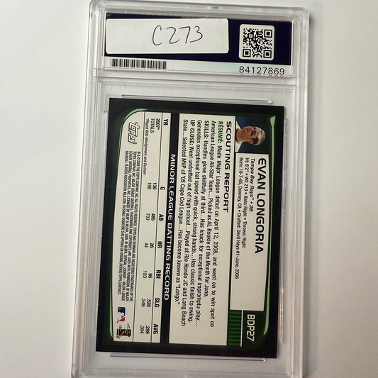 Evan Longoria Signed 2008 Bowman #BDP27 Rookie PSA Auto Authentic