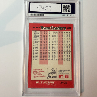 Dale Murphy Signed 1988 Fleer Team Leaders #24 2 Inscriptions PSA Auto Authentic
