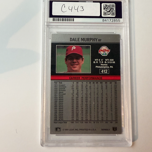 Dale Murphy Signed 1991 Leaf #412 w/2 Inscriptions PSA Auto Authentic