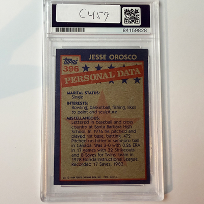 Jesse Orosco Signed 1984 Topps #396 w/4 Inscriptions PSA Auto Authentic