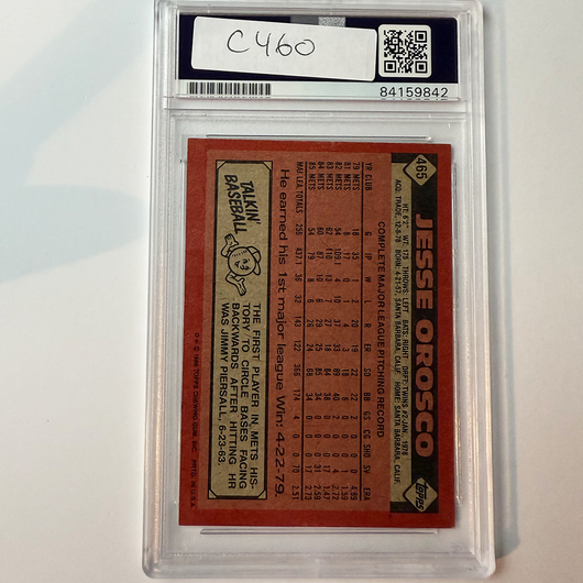 Jesse Orosco Signed 1986 Topps #465 w/4 Inscriptions PSA Auto Authentic