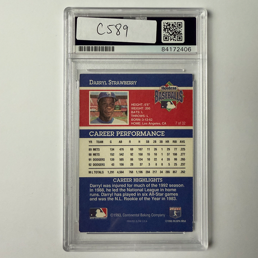 Darryl Strawberry Signed 1993 Hostess #7 PSA Auto Authentic