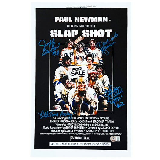 Hanson Brothers - Alan Nichols, Dave Hanson, Jeff Carlson Signed Old Time Hockey Inscription Slapshot 11x17 Photo (Beckett)