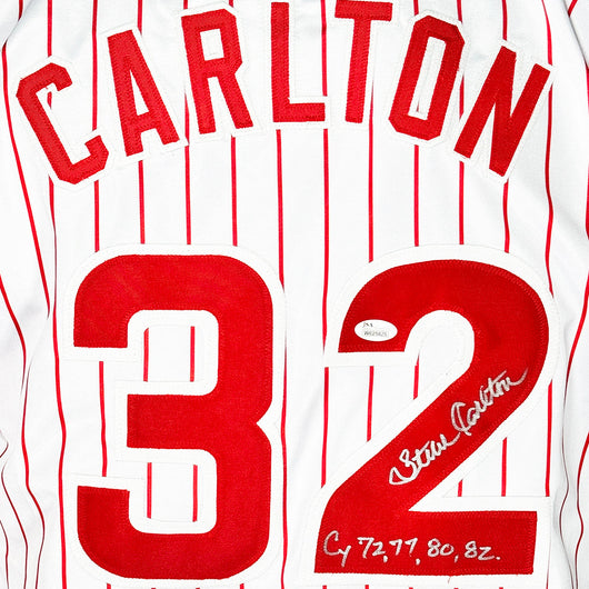 Steve Carlton Signed CY 72, 77, 80, 82 Inscription Philadelphia Pinstripe Baseball Jersey (JSA)