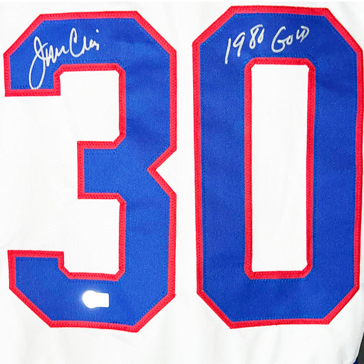 Jim Craig Signed 1980 Gold Inscription Team White Hockey Jersey (PSA)