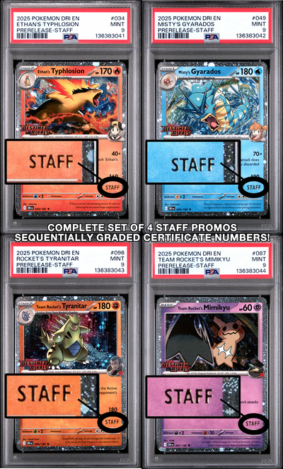 SET OF 4 [PSA 9 - MINT] Destined Rivals - Pre-Release - STAFF Promos - Moltres, Gyarados, Tyranitar & Mimikyu (Sequential Certs)