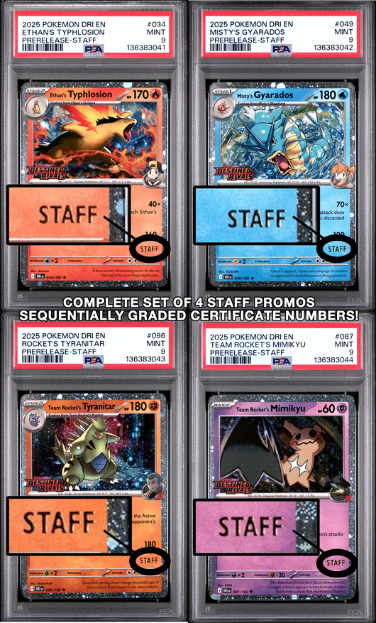 SET OF 4 [PSA 9 - MINT] Destined Rivals - Pre-Release - STAFF Promos - Moltres, Gyarados, Tyranitar & Mimikyu (Sequential Certs)