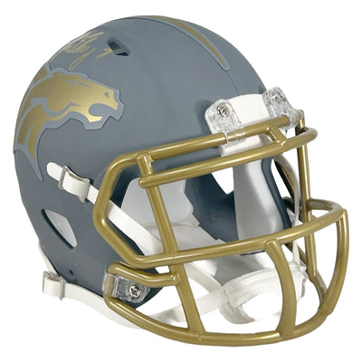 John Elway Signed Denver Broncos Slate Alternate Speed Mini Football Helmet Gold Ink (JSA)
