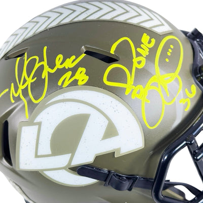 Marshall Faulk, Jerome Bettis & Eric Dickerson Signed Los Angeles Rams Salute to Service Mini Football Helmet (Beckett)