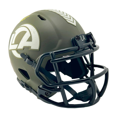 Marshall Faulk Signed HOF 20XI Yellow Ink Inscription Los Angeles Rams Salute to Service Mini Football Helmet (Beckett)