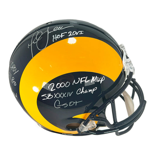 Marshall Faulk Signed Multi-Inscription St. Louis Rams Throwback 81-99 Authentic Full-Size Football Helmet Silver Ink (JSA)