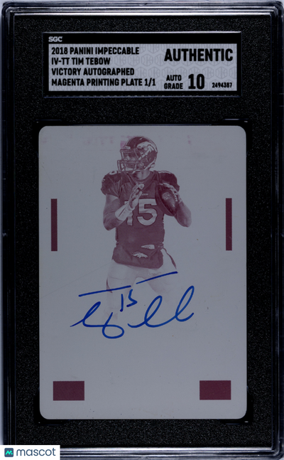 2018 Panini Impeccable Tim Tebow #IV-TT Victory Magenta Plate SGC A Auto 10
