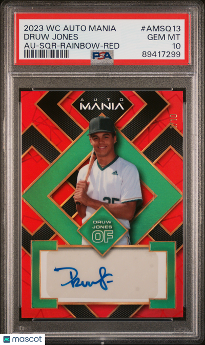 2023 Wild Card Auto Mania Auto Druw Jones #AMSQ13 SQR Red 1/10 PSA 10