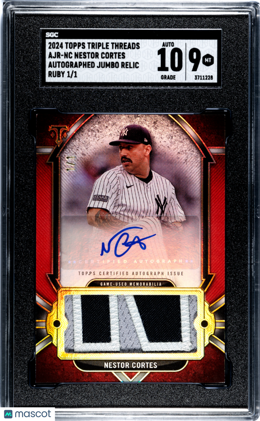 2024 Topps Triple Nestor Cortes #AJR-NC Auto Jumbo Relic Ruby 1 1 SGC 9 Auto 10