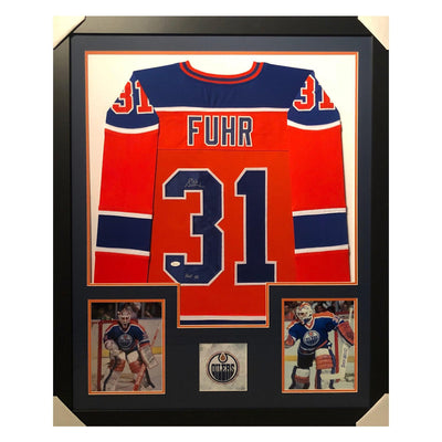 Grant Fuhr Signed HOF 03 Edmonton Framed Vertical Layout Pro Edition Orange Jersey (JSA)
