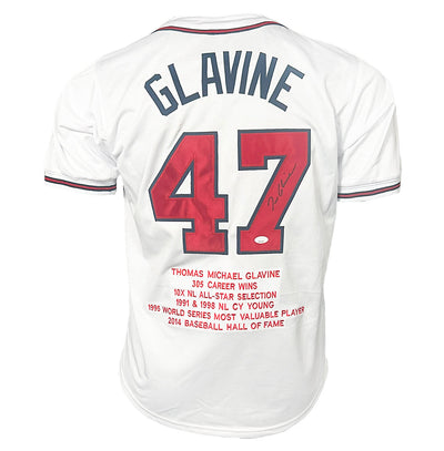 Tom Glavine Signed Atlanta White Red Stats Baseball Jersey (JSA)