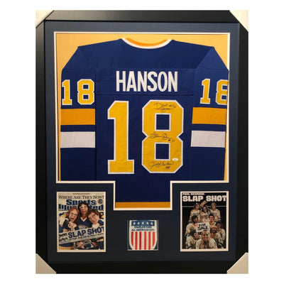 3-Signature Hanson Brothers Signed Framed Vertical Layout Slap Shot Chiefs Blue Hockey Edition Jersey (JSA)