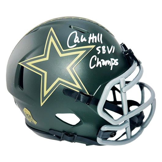 Calvin Hill Signed SBVI Champs Inscription Dallas Cowboys Salute 2025 Mini Football Helmet (Beckett)