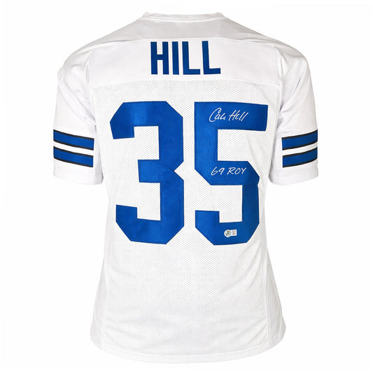 Calvin Hill Signed 69 ROY Inscription Dallas White Football Jersey (Beckett)
