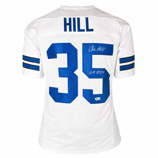 Calvin Hill Signed 69 ROY Inscription Dallas White Football Jersey (Beckett)