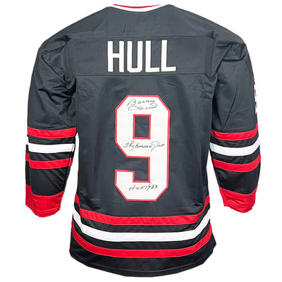 Bobby Hull Signed The Golden Jet, HOF 1983 Inscription Chicago Black Hockey Jersey (JSA)