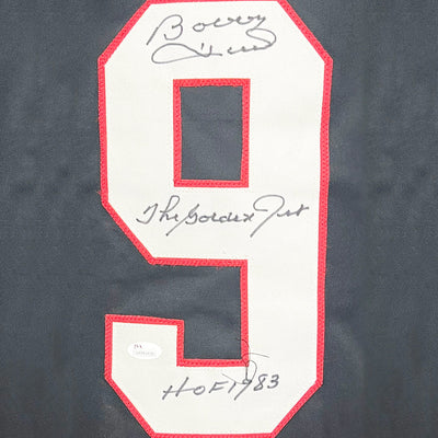 Bobby Hull Signed The Golden Jet, HOF 1983 Inscription Chicago Black Hockey Jersey (JSA)